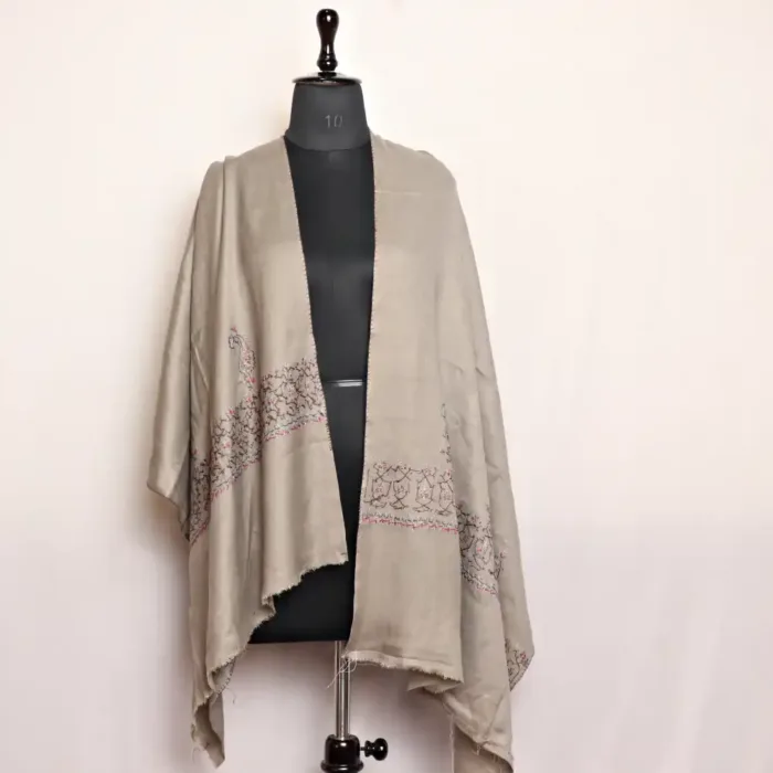 Grey Polywool Stole With Hand Sozni Embroidery