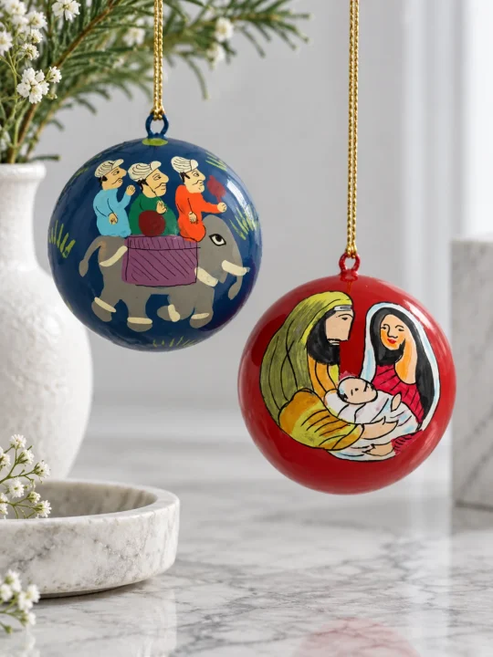Blue and Red Paper Mache Handmade Hanging Ball 5Inch | Set of 2