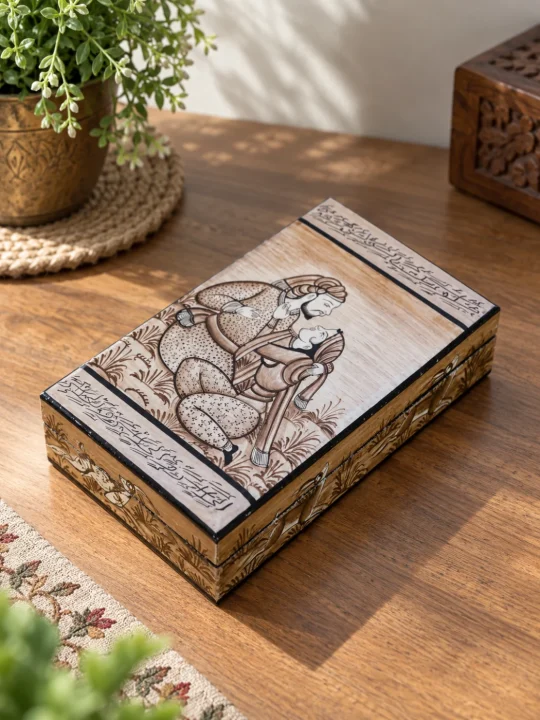 Light Brown Mughal Darbar Paper Machie Box with Artistic Raja-Rani Designing