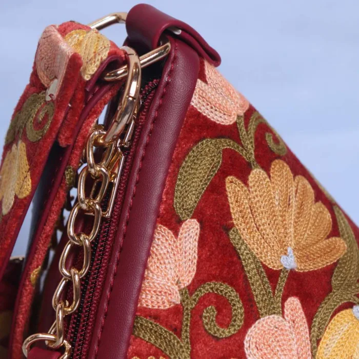 Red Velvet Potli Bag in Triangle Shape with Aari Embroidery - Image 3