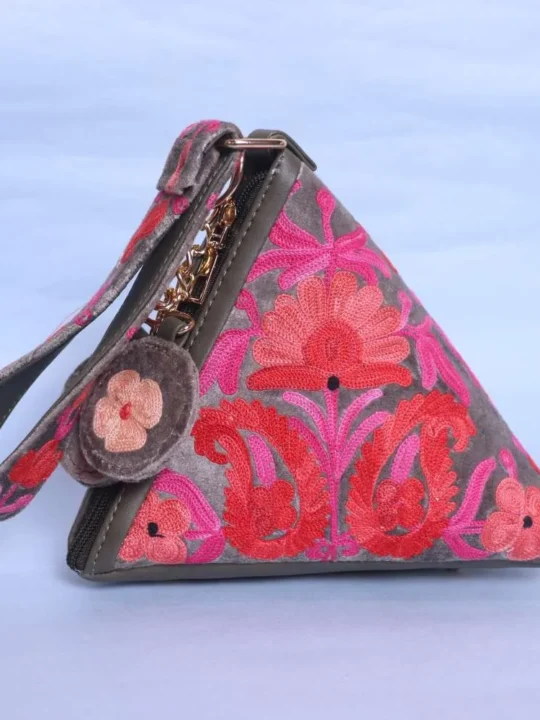 Stylish Grey Velvet Triangle Potli with Beautiful Aari Embroidery