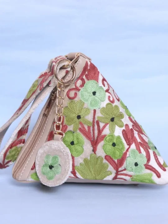 Stylish Cream Velvet Aari Embroidered Triangle Potli Bag for Festive Occasions