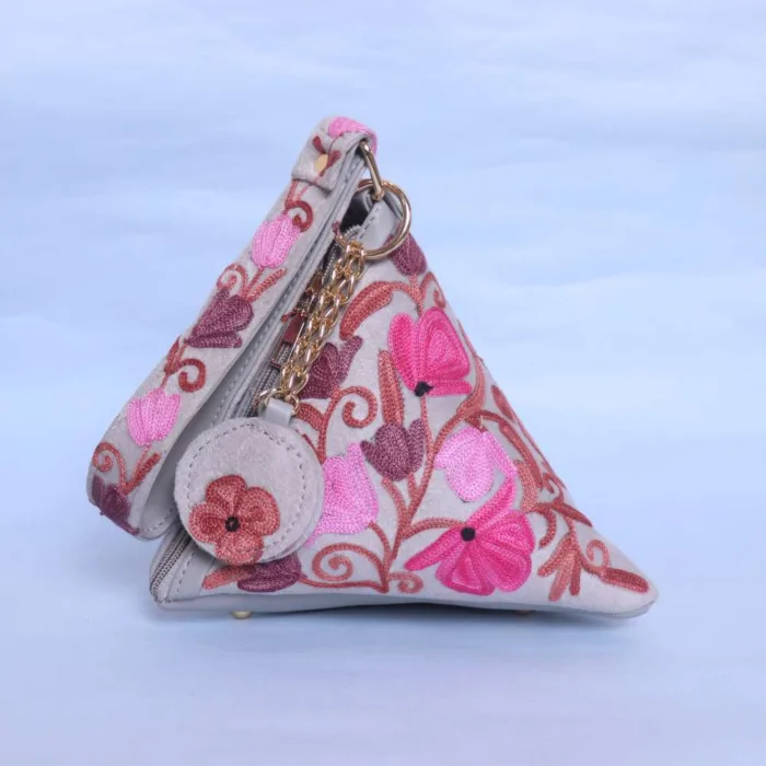 Light Grey Velvet Triangle Potli Bag with Elegent Aari Work