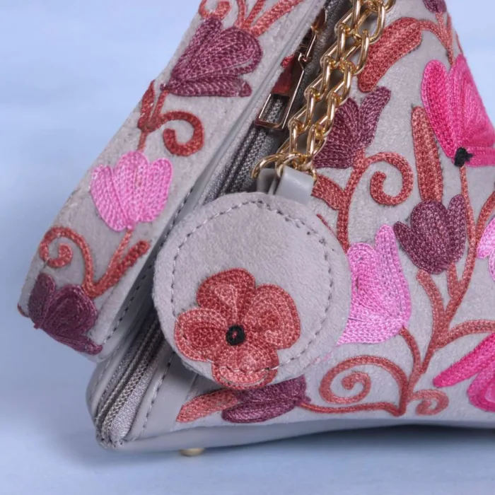 Light Grey Velvet Triangle Potli Bag with Elegent Aari Work - Image 2