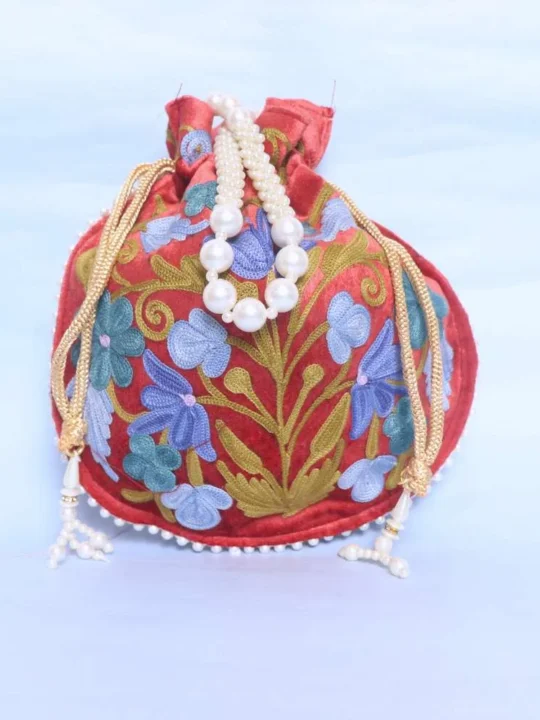 Dark Red Velvet Potli Bag with Intricate Aari Embroidery