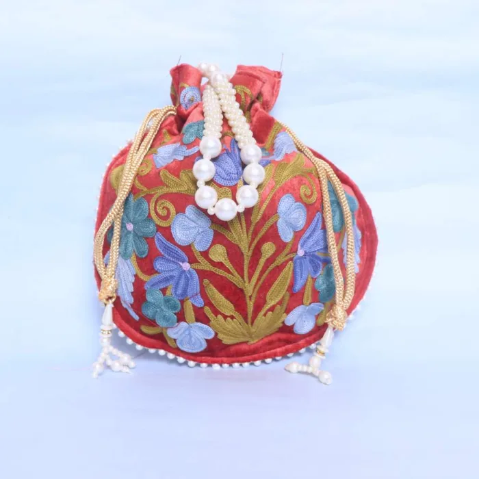 Dark Red Velvet Potli Bag with Intricate Aari Embroidery