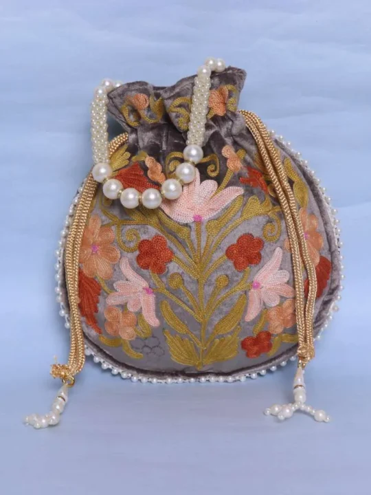 Elegant Grey Velvet Potli Bag with Adorable Aari Work