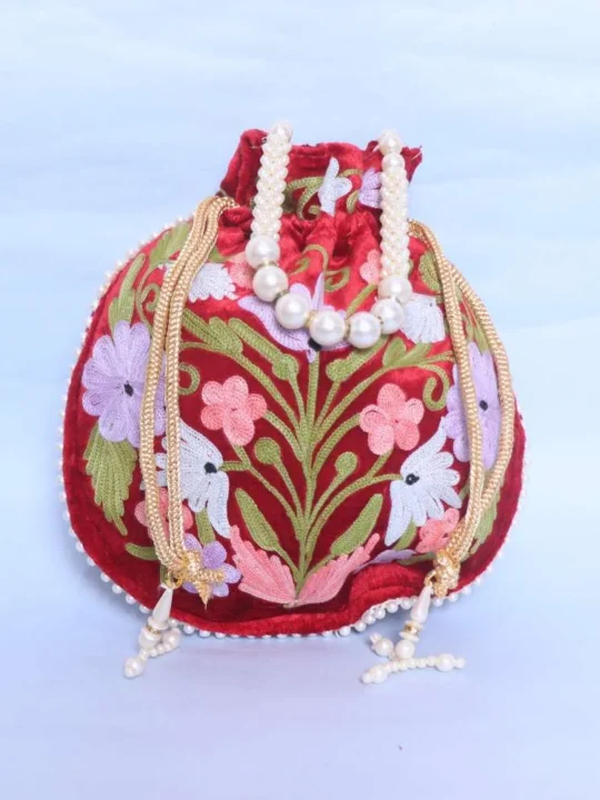 Velvet Red Potli Bag with Artistic Aari Embroidery