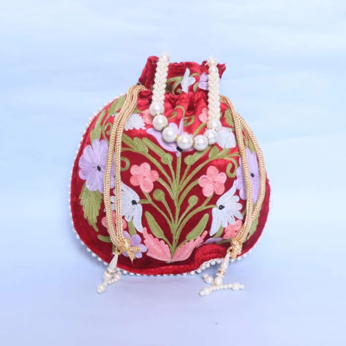 Velvet Red Potli Bag with Artistic Aari Embroidery