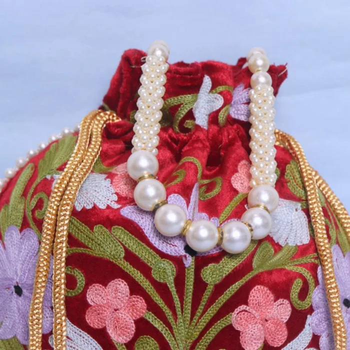 Velvet Red Potli Bag with Artistic Aari Embroidery - Image 2