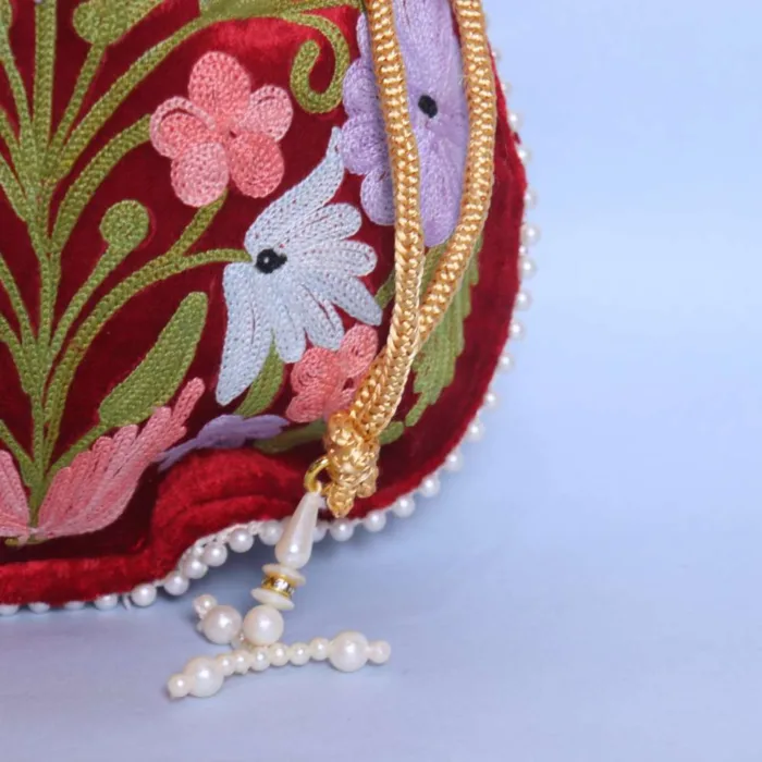 Velvet Red Potli Bag with Artistic Aari Embroidery - Image 3