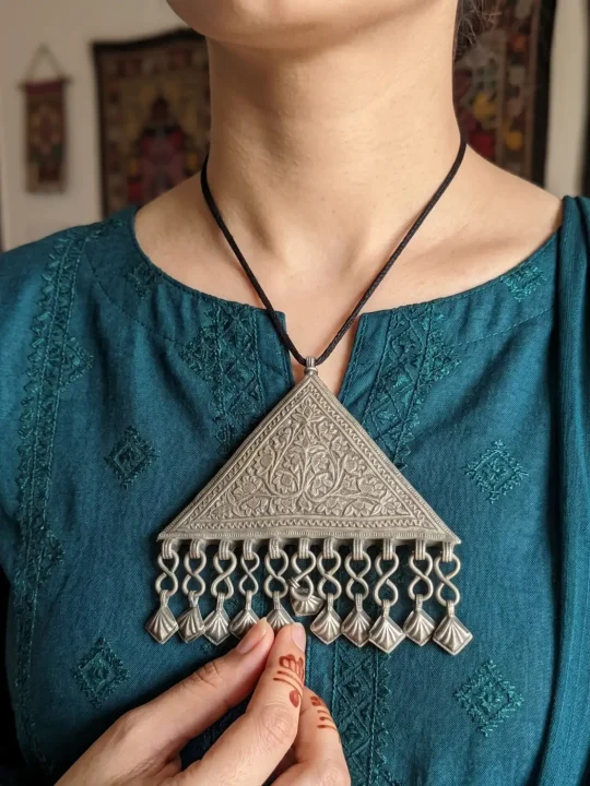 Vintage Kashmiri Triangle Pendant with Handcrafted Elegance | Antique Accessory