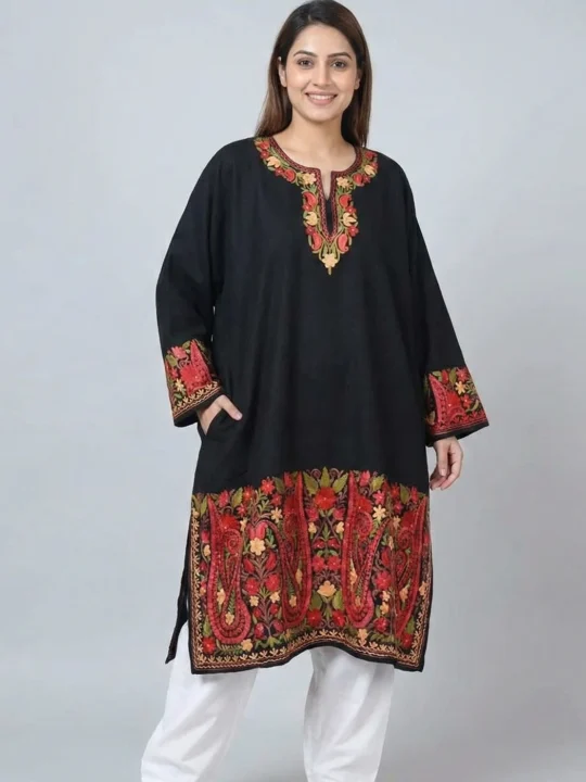 Stylish Black Raffal Loose Pheran | Feran with Beautiful Heavy Damaan Aari Work (57,42.5)- Rainawari Collection