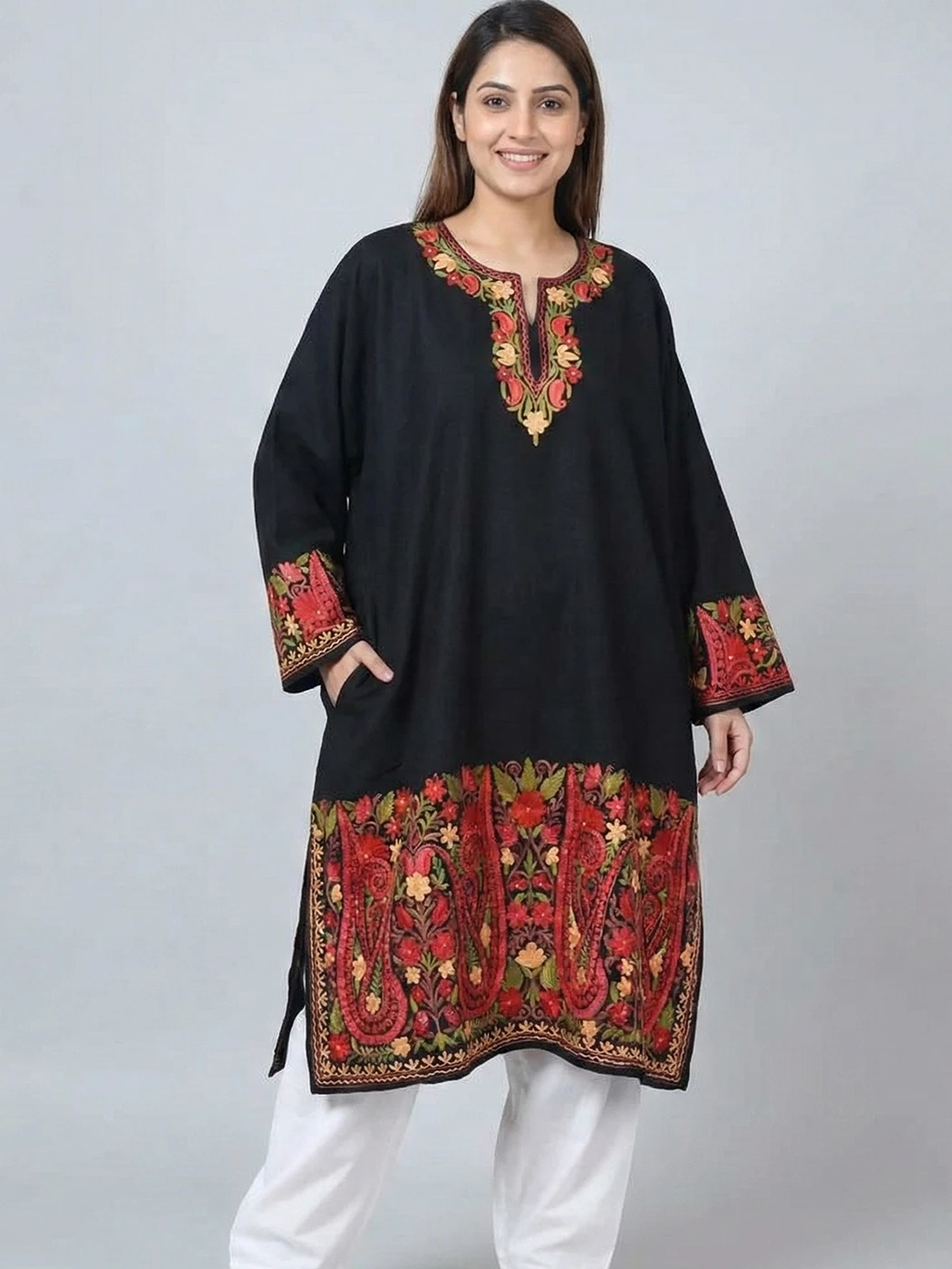Stylish Black Raffal Loose Pheran | Feran with Beautiful Heavy Damaan Aari Work (57,42.5)- Rainawari Collection