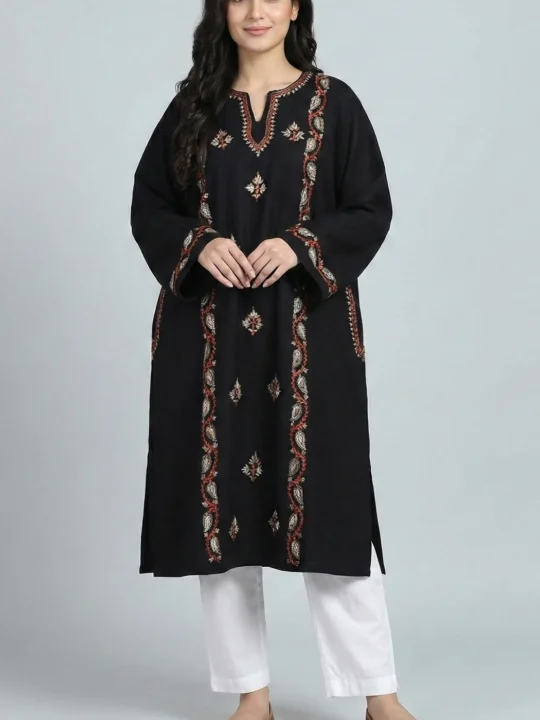 Women’s Winter Needlework Black Pheran with Cashmilon Fabric - Saidakadal Collection [48, 44.5]