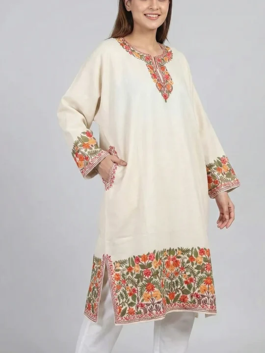 Cream Kashmiri Raffal Pheran Featuring Heavy Damaan Aari Work - Rainawari Collection