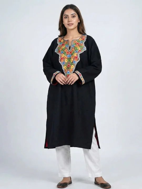 Black Aari and Zari Fleece Loose Pheran | Phiran - Sonwari Collection [57, 44]