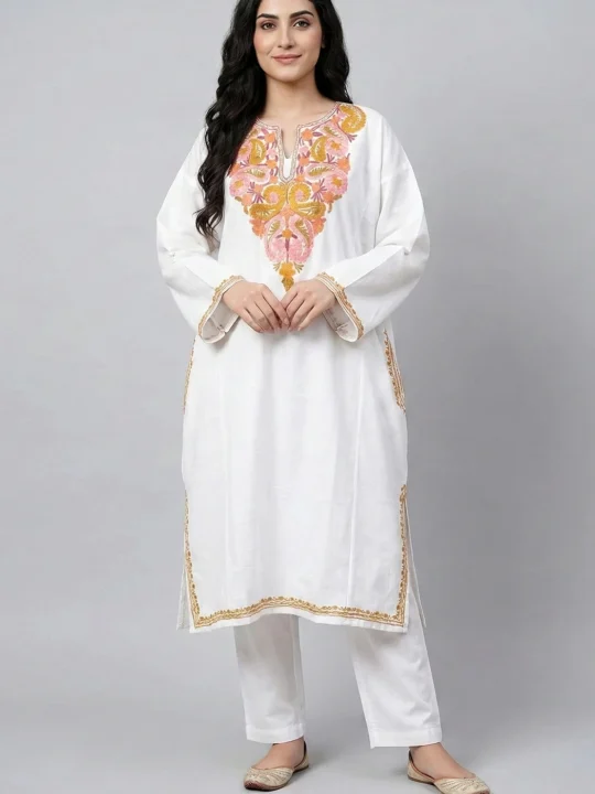 White Aari Embroidered Pheran in Comfortable Cashmilon Fabric - Saidakadal Collection