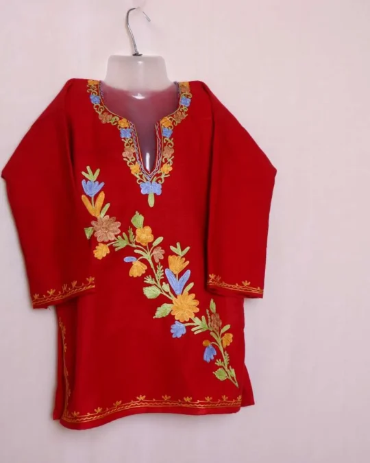 Adorable Red Baby Girls Woolen Pheran Kurta in Cashmilon with Aari Embroidery - Nowhatta Collection (4-5 years)