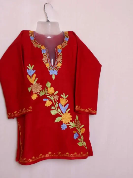 Adorable Red Baby Girls Woolen Pheran Kurta in Cashmilon with Aari Embroidery - Nowhatta Collection (4-5 years)