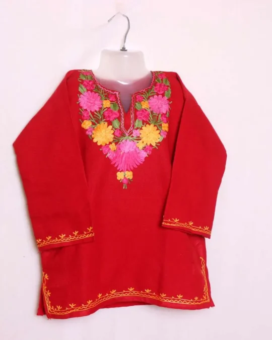 Elegant Red Aari Embroidered Baby Girls Woolen Pheran Kurta in Cashmilon - Nowhatta Collection (3-4 years)