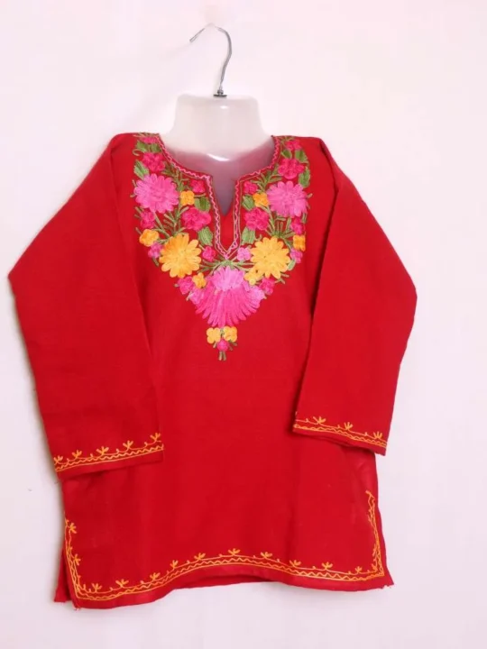 Elegant Red Aari Embroidered Baby Girls Woolen Pheran Kurta in Cashmilon - Nowhatta Collection (3-4 years)
