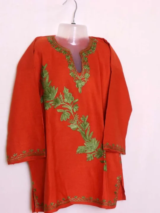 Beautiful Baby Girls Rust Woolen Pheran Kurta Crafted in Cashmilon with Aari Embroidery - Nowhatta Collection (5-6 years)