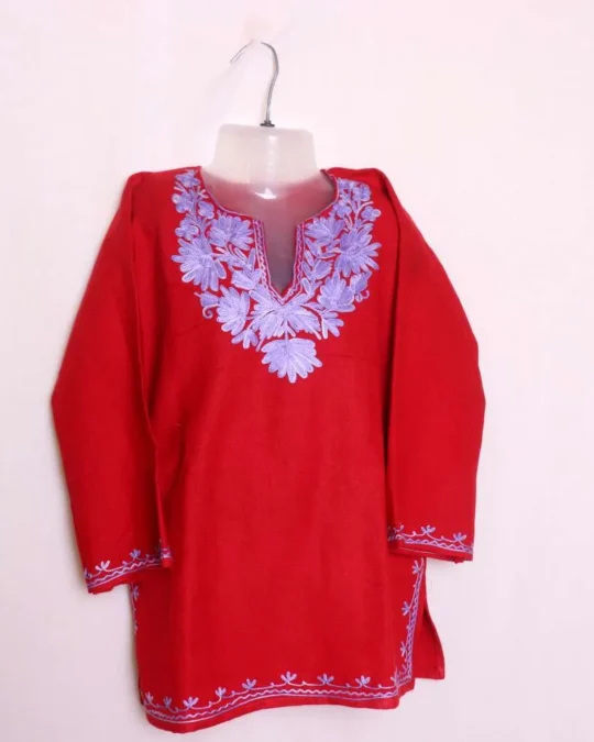 Graceful Cashmilon Baby Girls Red Woolen Pheran Kurta with Aari Detailing - Nowhatta Collection (3-4 years)