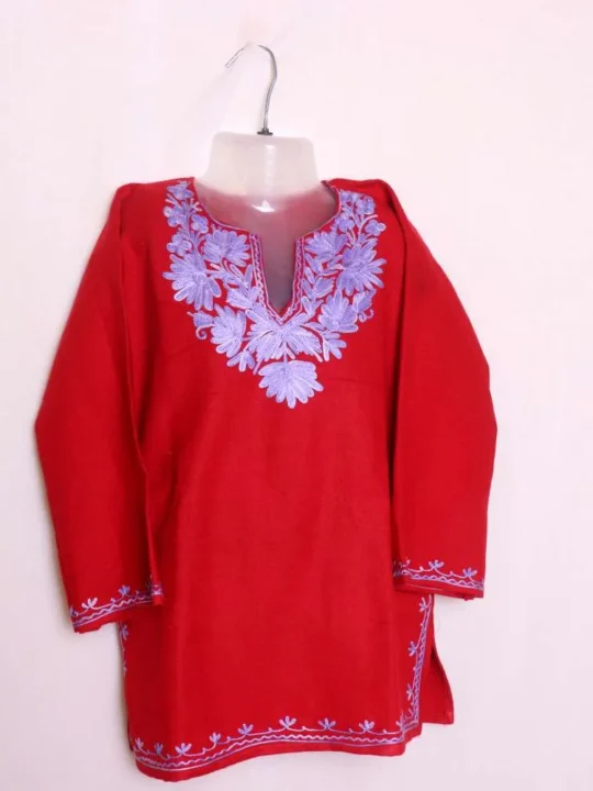 Graceful Cashmilon Baby Girls Red Woolen Pheran Kurta with Aari Detailing - Nowhatta Collection (3-4 years)