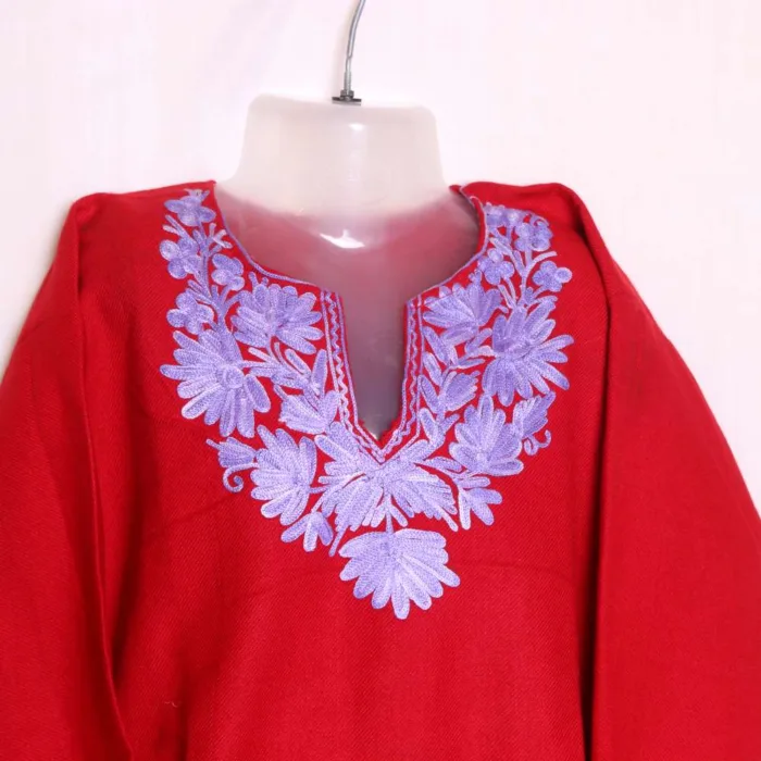 Graceful Cashmilon Baby Girls Red Woolen Pheran Kurta with Aari Detailing - Nowhatta Collection (3-4 years) - Image 2