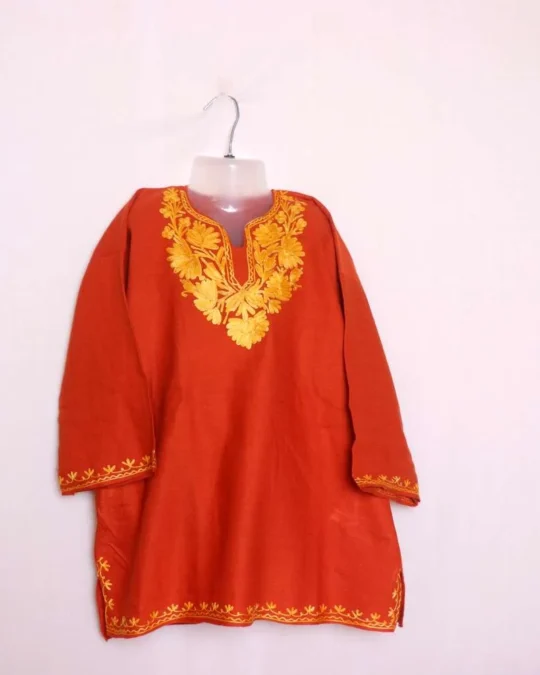 Baby Girls Rust Woolen Pheran Kurta in Cashmilon Fabric with Aari Embroidery - Nowhatta Collection (5-6 years)