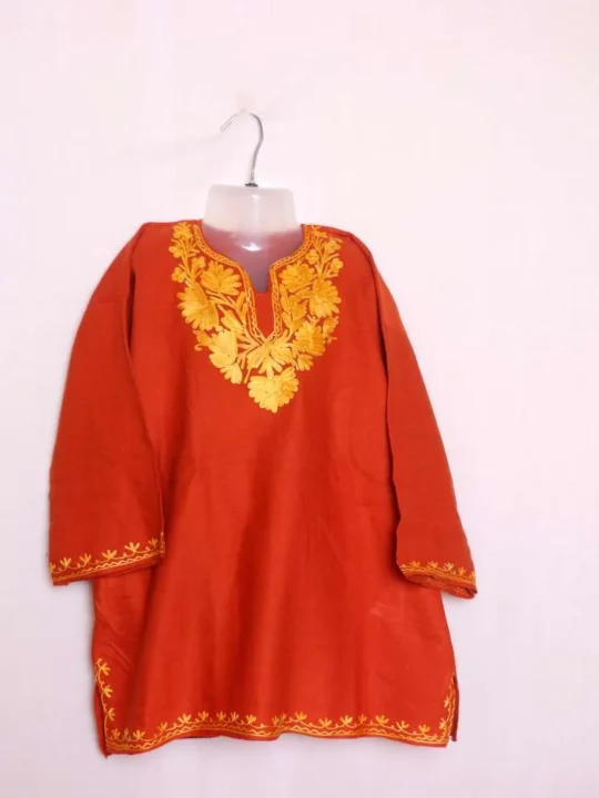 Baby Girls Rust Woolen Pheran Kurta in Cashmilon Fabric with Aari Embroidery - Nowhatta Collection (5-6 years)