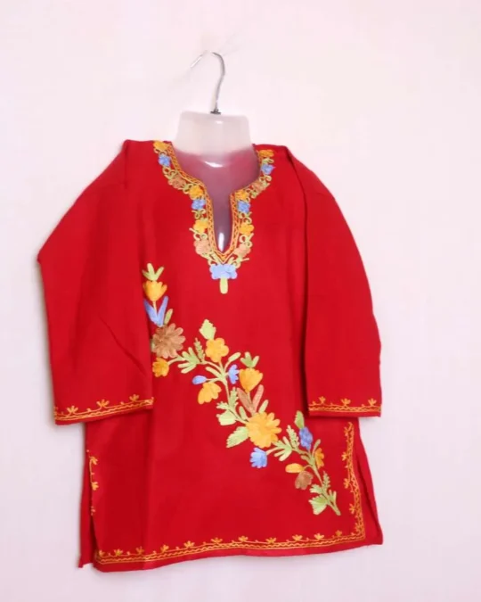 Soft and Warm Baby Girls Red Woolen Pheran Kurta in Cashmilon with Aari Embroidery - Nowhatta Collection (4-5years)