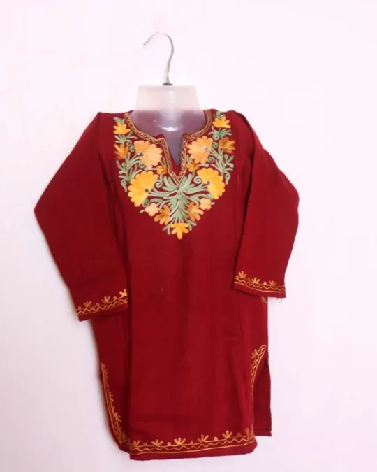 Stylish Kids Woolen Pheran | Phiran Girls Dress in Cashmilon with Aari Embroidery - Badamweer Collection (3-4 years)