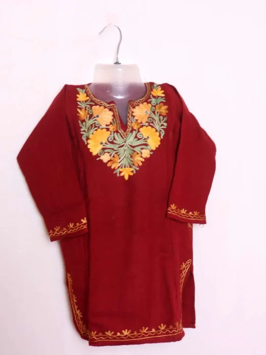 Stylish Kids Woolen Pheran | Phiran Girls Dress in Cashmilon with Aari Embroidery - Badamweer Collection (3-4 years)