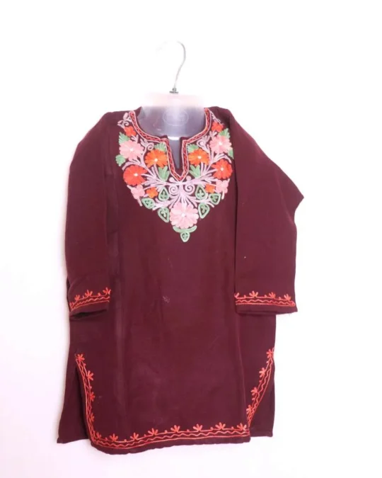 Beautiful Wine Cashmilon Kids Woolen Pheran | Phiran Girls Dress with Aari Work - Badamweer Collection (3-4 years)