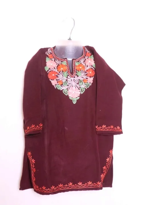 Beautiful Wine Cashmilon Kids Woolen Pheran | Phiran Girls Dress with Aari Work - Badamweer Collection (3-4 years)