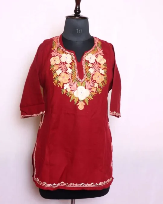 Classic Maroon Aari Embroidered Kids Woolen Pheran | Phiran Girls Dress in Cashmilon Fabric - Badamweer Collection (6-7 years)