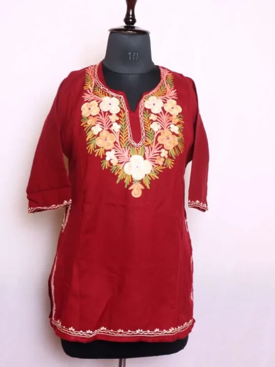 Classic Maroon Aari Embroidered Kids Woolen Pheran | Phiran Girls Dress in Cashmilon Fabric - Badamweer Collection (6-7 years)
