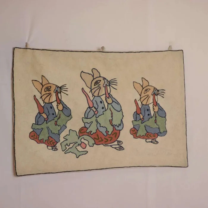 Elegant Handmade Dusoot Cotton Wall Hanging with Rabbit Eating Carrot Woolen Thread Work (3x2 ft)