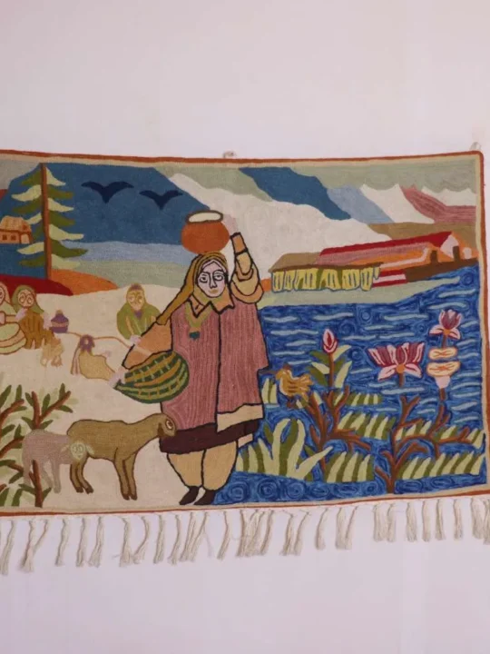 Handcrafted Dusoot Cotton Wall Hanging with Exquisite Woolen Embroidery | Kashmiri Mother Story (3x2 ft)