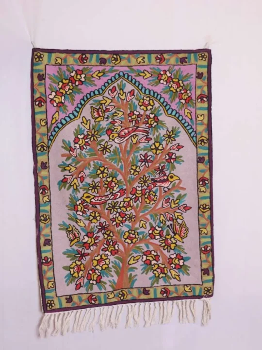 Dusoot Cotton Wall Hanging with Birds on Tree Intricate Woolen Chain Stitch Embroidery (3x2 ft)