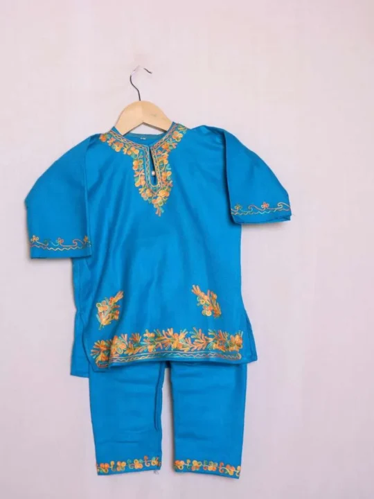 Stylish Cyan Blue Cashmilon Kids Pheran Set with Aari Embroidery - Wazir Bagh Collection (1-2years)