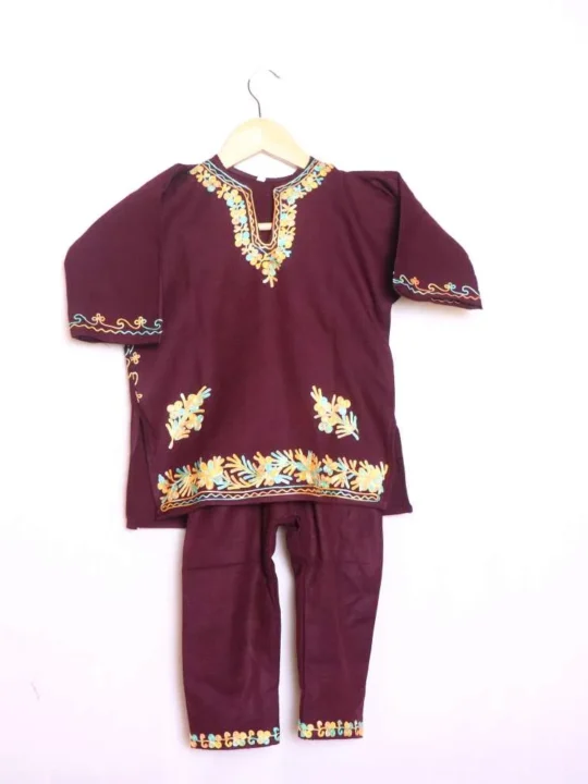 Beautiful Wine Aari Work Cashmilon Pheran Set for Kids - Wazir Bagh Collection (1-2years)