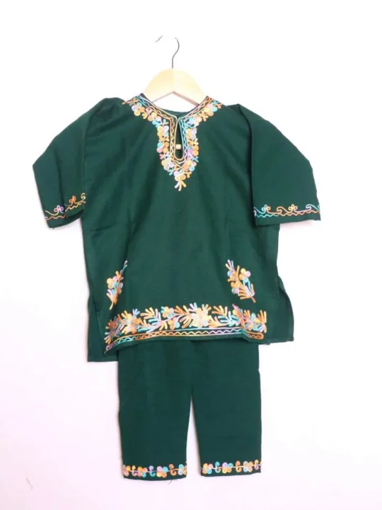 Cozy and Graceful Dark Green Aari Embroidered Kids Pheran Set - Wazir Bagh Collection (1-2 years)