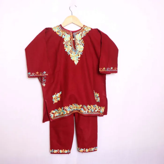 Maroon Cashmilon Kids Pheran Set with Aari Work - Wazir Bagh Collection (3-4y)