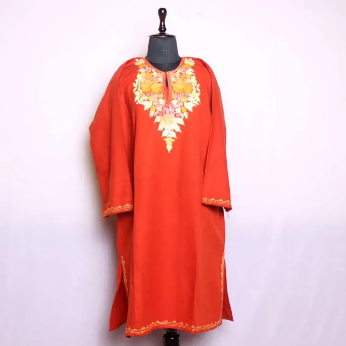 Sophisticated Rustic Orange Aari Embroidery Cashmilon Pheran | Baghi-Mehtab Collection - Image 2