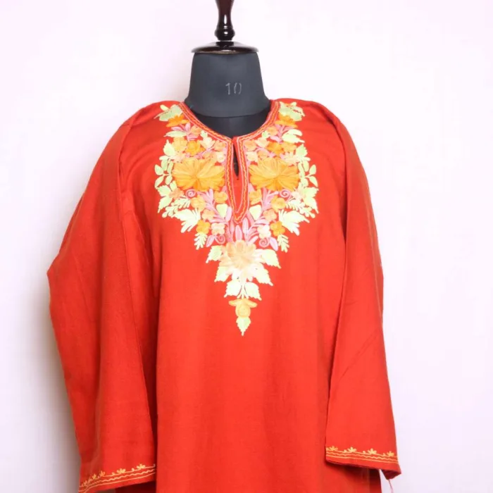 Sophisticated Rustic Orange Aari Embroidery Cashmilon Pheran | Baghi-Mehtab Collection