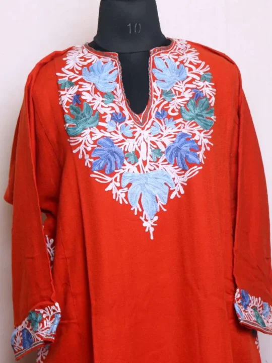Timeless Rust Chinari Aari Embroidered Sleeve and Damaan Pheran in Cashmilon - Wazir Bagh Collection