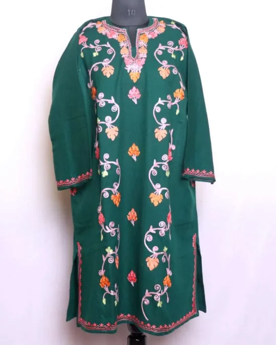 Elegant Dark Green Chinari Designer Ze Lakeer Pheran in Cashmilon with Aari Embroidery - Wazir Bagh Collection
